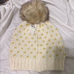Aerie Cream and Yellow Knit Beanie with Faux Fur Pom-Pom